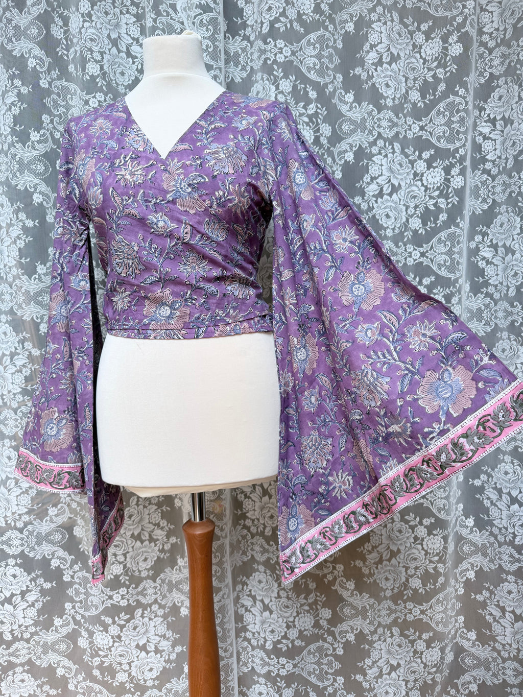 The Sofiya: Bell Sleeve Block Print Wrap Blouse in Amethyst Purple