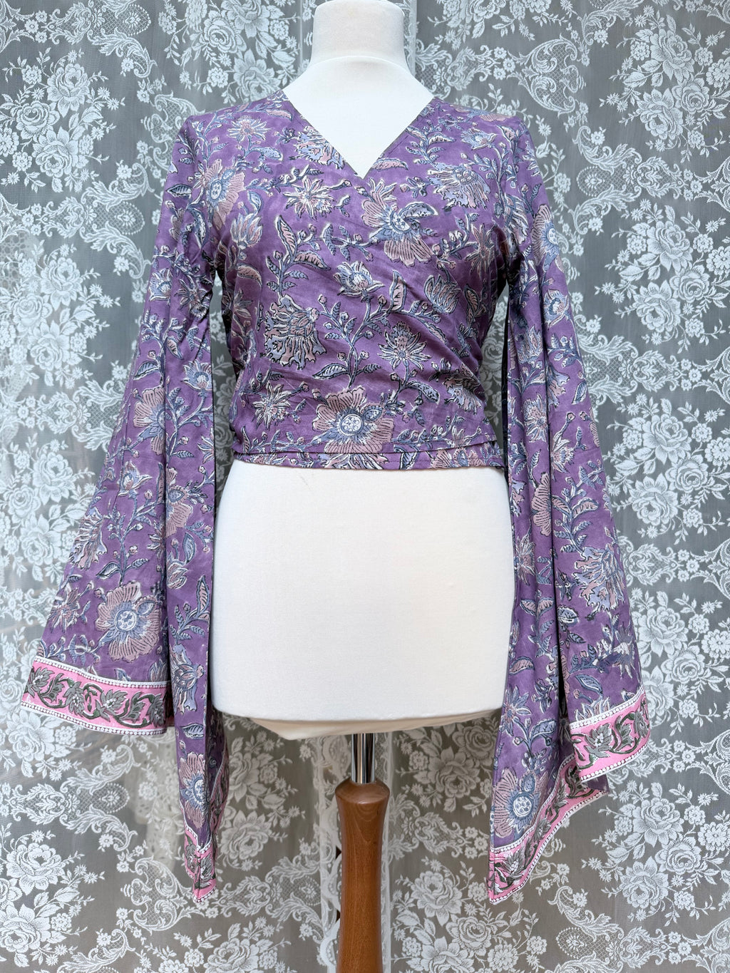 The Sofiya: Bell Sleeve Block Print Wrap Blouse in Amethyst Purple