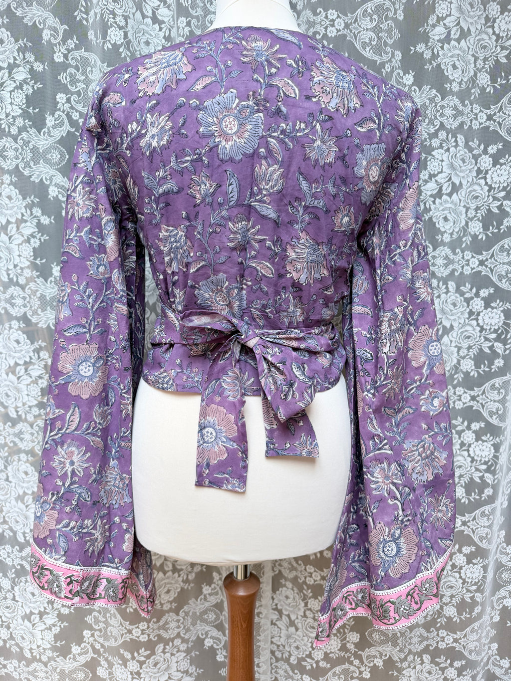 The Sofiya: Bell Sleeve Block Print Wrap Blouse in Amethyst Purple