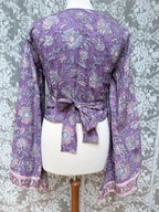 The Sofiya: Bell Sleeve Block Print Wrap Blouse in Amethyst Purple