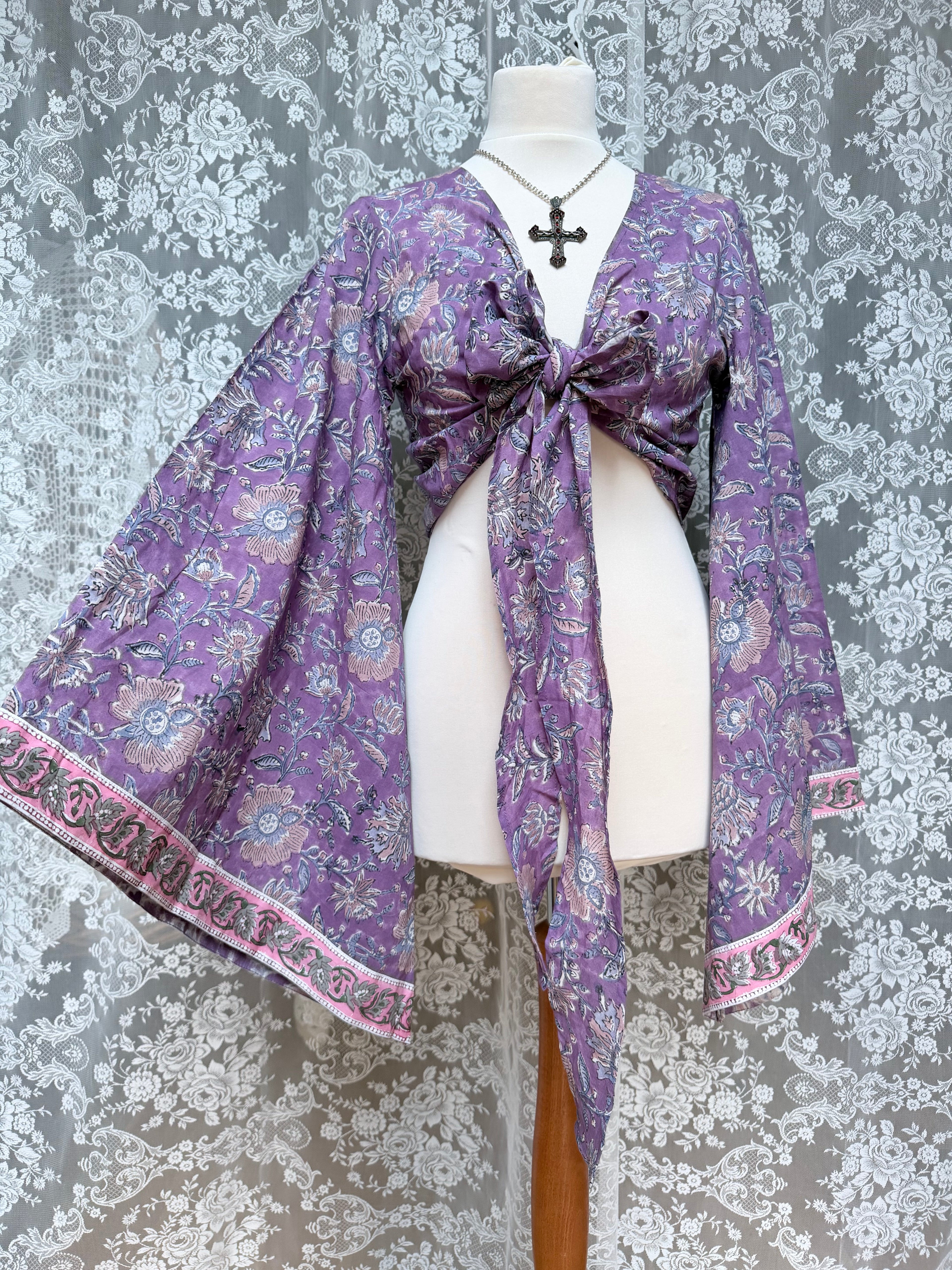 The Sofiya: Bell Sleeve Block Print Wrap Blouse in Amethyst Purple