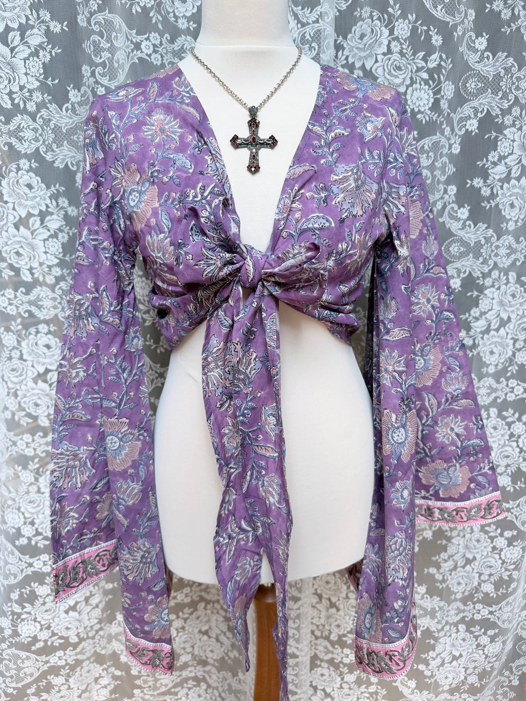 The Sofiya: Bell Sleeve Block Print Wrap Blouse in Amethyst Purple