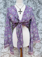 The Sofiya: Bell Sleeve Block Print Wrap Blouse in Amethyst Purple