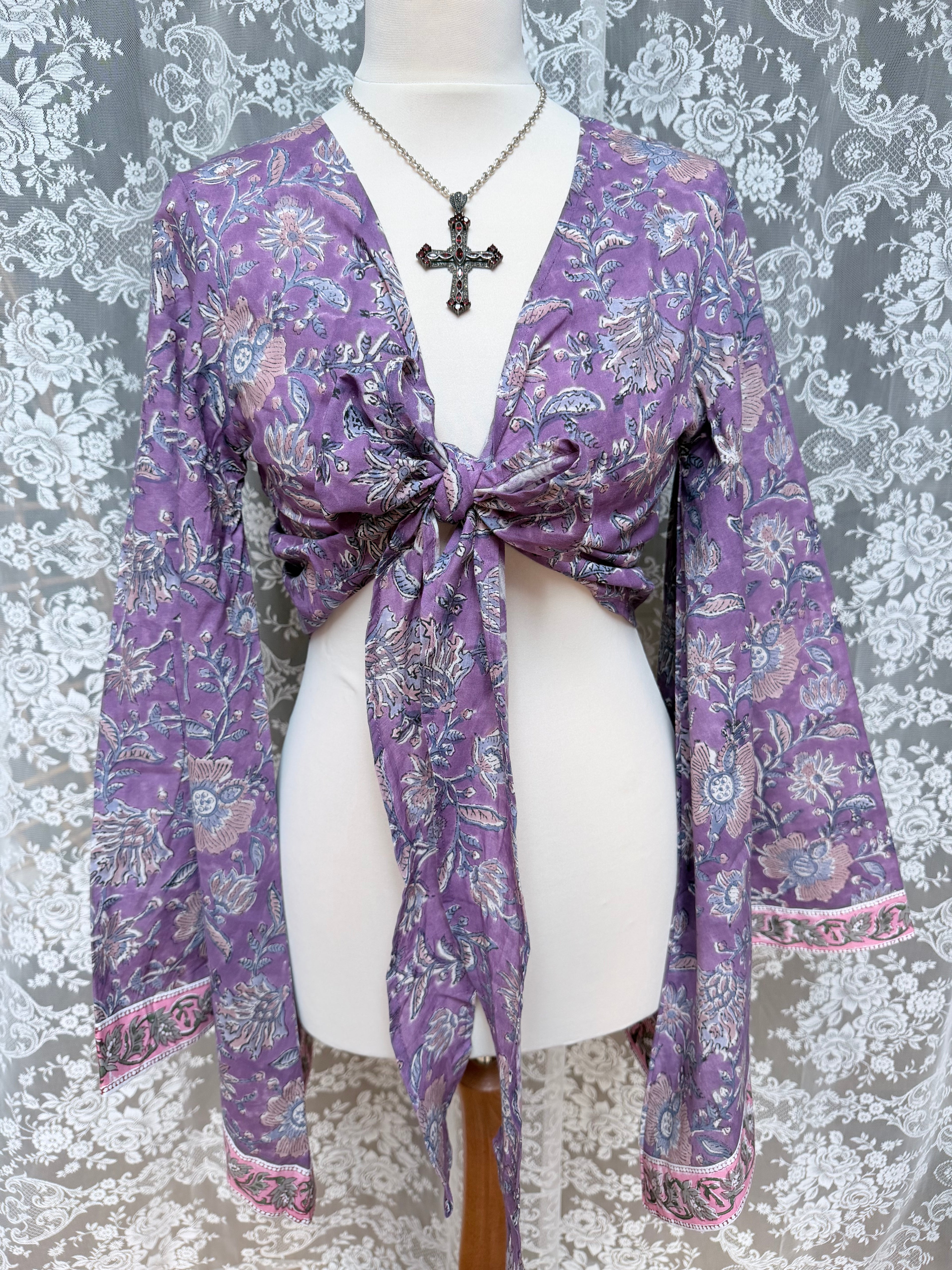 The Sofiya: Bell Sleeve Block Print Wrap Blouse in Amethyst Purple